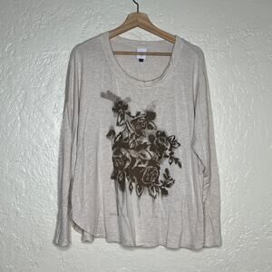 Cabi Women’s Cream Airbrush Floral Crewneck Long Sleeve Relaxed Tee Size Large